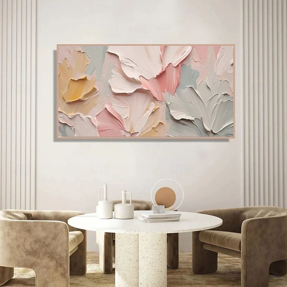 Tableau à l'huile unique, peint à la main, abstrait, représentant une fleur rose crème sur toile texturée 3D. Décoration murale printanière pour salon, aux couleurs douces et texturées. de 2026 ? $106.99 –P5