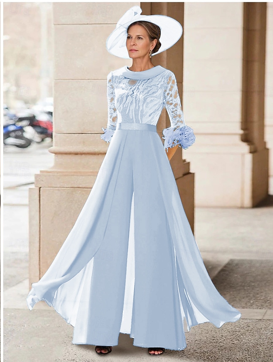 Tuta Completo Pantalone Lunghezza al pavimento Abito da cerimonia per signora Mezza Manica Collo gioiello Elegante Vintage Ospite di nozze Chiesa Chiffon con Piuma Paillettes Applicazioni del 2026 a $195.99 –P14