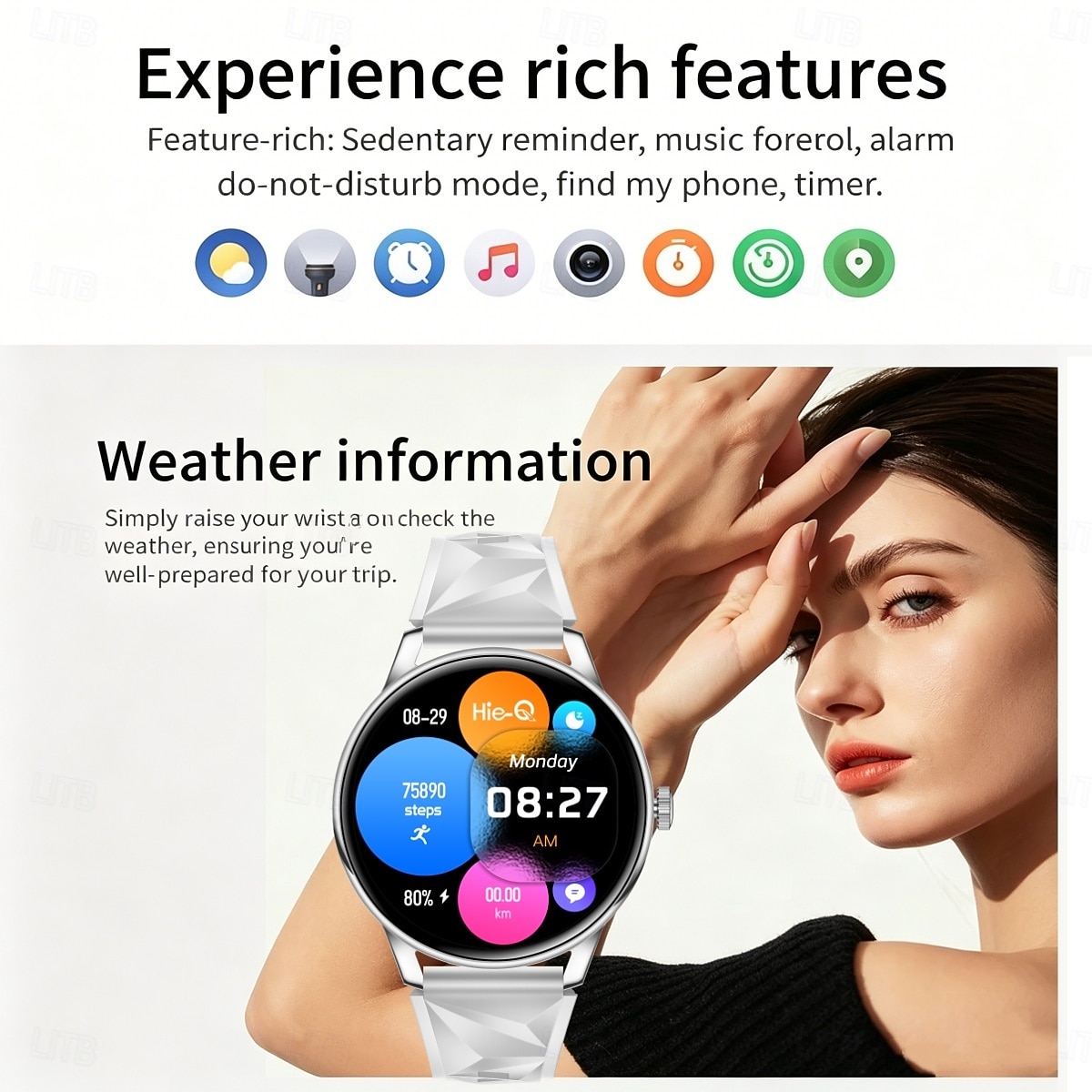 2026年 女性向けスマートウォッチ（通話の発信・受信機能付き）、1.32インチHDラウンドスマートウォッチ、心拍数・睡眠モニター・SpO2フィットネストラッカー搭載、IP68防水、エレガントなダイヤモンドテクスチャストラップ（Android/iOS対応）  コレクション – $68.99 –P5
