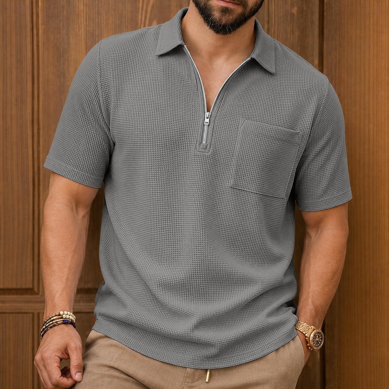 Men's Waffle Polo Shirts Textured Casual Formal Zip Lapel Short Sleeve Fashion Solid Color Plain Pocket Buttons Spring & Summer Blue Navy Blue Green Gray Waffle Polo Shirts 2026 - $25.99 –P3