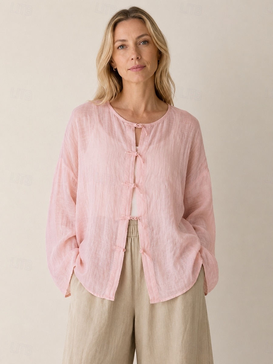 camicetta da donna 100% lino a maniche lunghe con bottoni, girocollo, vestibilità regolare, stile vintage, ideale per le vacanze, disponibile nei colori nero, rosa, rosso e verde, per l'estate e la primavera. del 2026 a $52.99 –P1