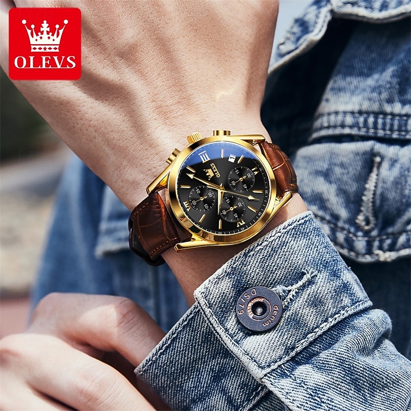 OLEVS Men's Luxury Watch Black Leather Strap Chronograph Waterproof Luminous Analog Quartz Wristwatch with Date Business Fashion Dress Watches for Men Gifts 2026 - $42.99 –P22