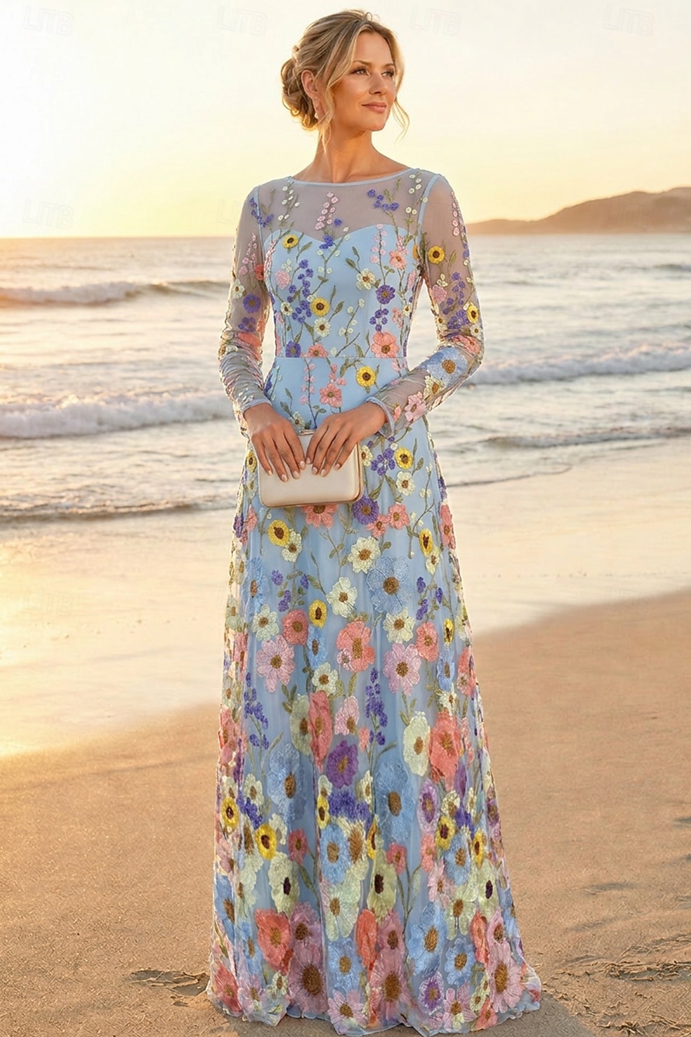 A-Linie Kleid Bodenlang Brautmutterkleid Langarm Rundhalsausschnitt Elegant Vintage Einfach Formell Hochzeitsgast Semi-Formal Spitze Tüll mit 3D-Blumen Stickerei Applikationen 2026 - $182.99 –P6