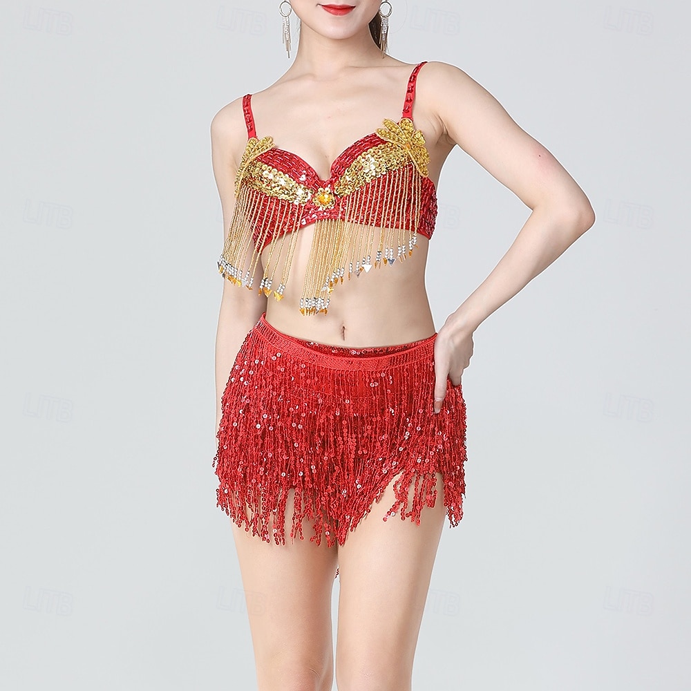glitzerndes Königsblau für Damen &Goldenes Bauchtanzkostüm-Set – Pailletten-BH-Top und Fransenrock – Performance-Outfit für Latin Samba und Rave 2026 - $57.99 –P2