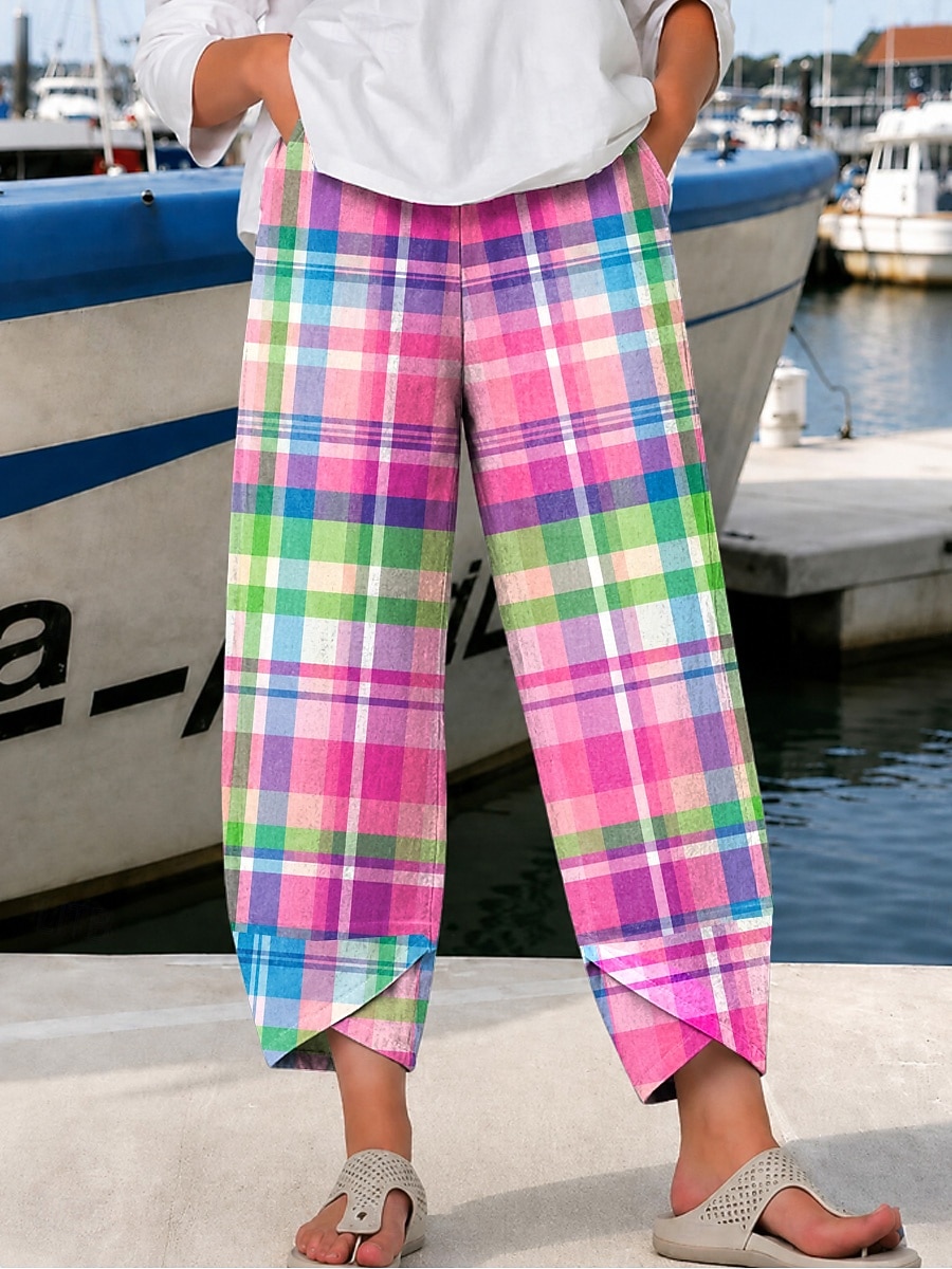 Mujer Perneras anchas pantalones Pantalones Cortos Vacaciones Vintage Estilo Étnico Longitud total Alta cintura Graphic Plaid Geométrico Correa Retazos Cintura elástica Confortable Comodidad 2026 - $22.99 –P3