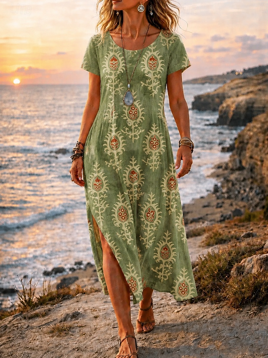 Per donna Abito Midi Abito a trapezio Casual Spiaggia Vestibilità comoda Ombre Grafico Geometrico Manica Corta Girocollo Giallo Verde scuro Arancione Verde Estate Primavera del 2026 a $27.99 –P4