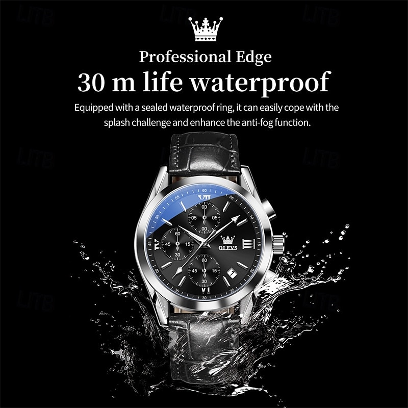 OLEVS Men's Luxury Watch Black Leather Strap Chronograph Waterproof Luminous Analog Quartz Wristwatch with Date Business Fashion Dress Watches for Men Gifts 2026 - $42.99 –P11
