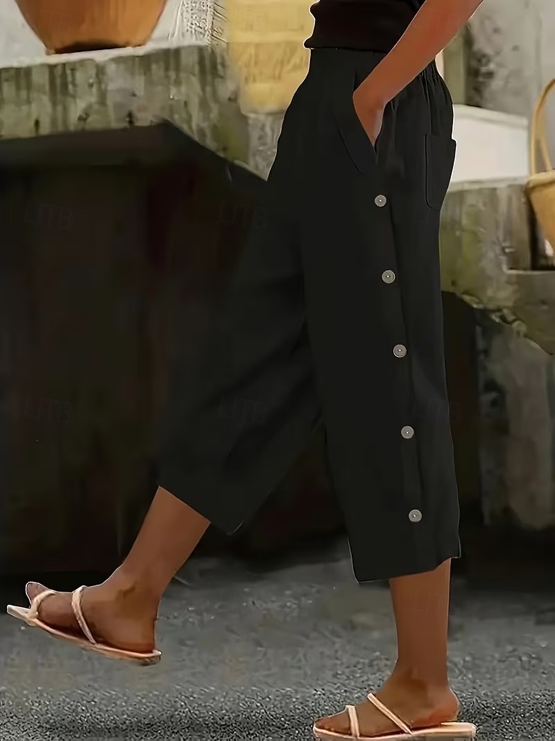 Women's Capri Pants Straight Casual Daily Comfort Calf-Length High Waist Solid Color Patchwork Pocket Button Comfort Inelastic Casual Vacation Black Navy Blue Brown Military Green Summer Spring Loose 2026 - $26.99 –P5