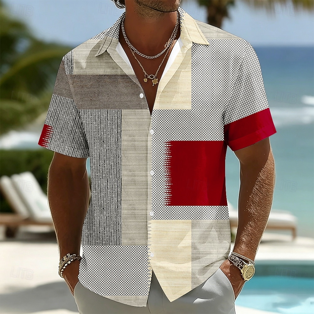 Per uomo Geometrico Plaid Color-blocking Camicia Camicia con Bottoni Manica Corta Moda Casual Quotidiano Vacanza al Mare Estate Primavera Collo ripiegato Stampa 3D Camicia tipo lino Blu Rosa Rosso del 2026 a $25.99 –P1