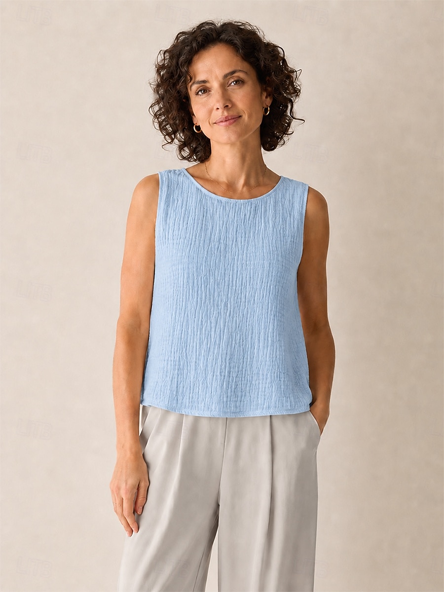 Per donna Canotta Maglietta Arricciato Tinta unica Elegante Moda Senza Maniche Girocollo Top Regolari Casuale Blu Bianco Rosso Arancione Estate Primavera del 2026 a $28.99 –P6