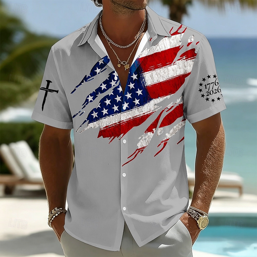 Camicia a maniche corte Button Down Patriottica con Bandiera Americana 250° Anniversario Uomini 1776 2026 Top Estivo per Vacanze del 2026 a $25.99 –P6