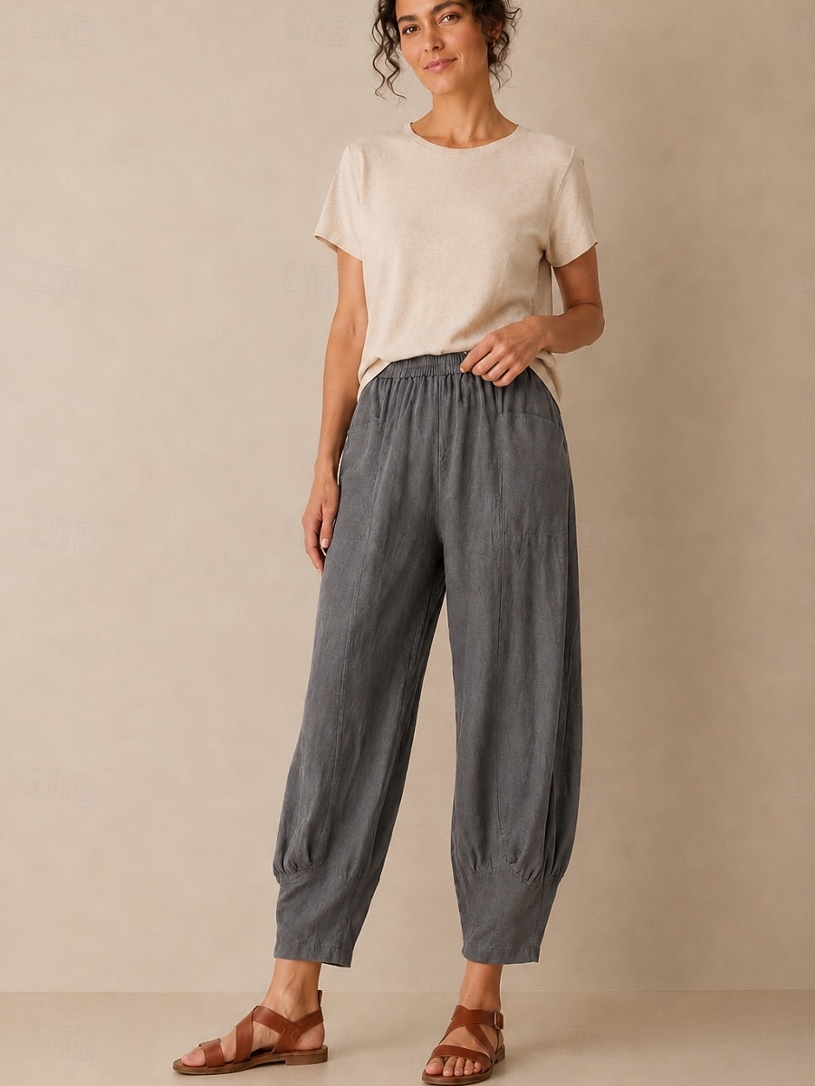 Pantalon large en lin pour femme, taille mi-haute, poches pleine longueur, ceinture élastique, couleur bordeaux et bleu azur, idéal pour les vacances de 2026 ? $49.99 –P13