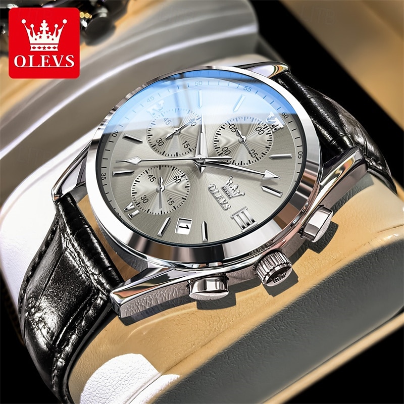 OLEVS Men's Luxury Watch Black Leather Strap Chronograph Waterproof Luminous Analog Quartz Wristwatch with Date Business Fashion Dress Watches for Men Gifts 2026 - $42.99 –P1