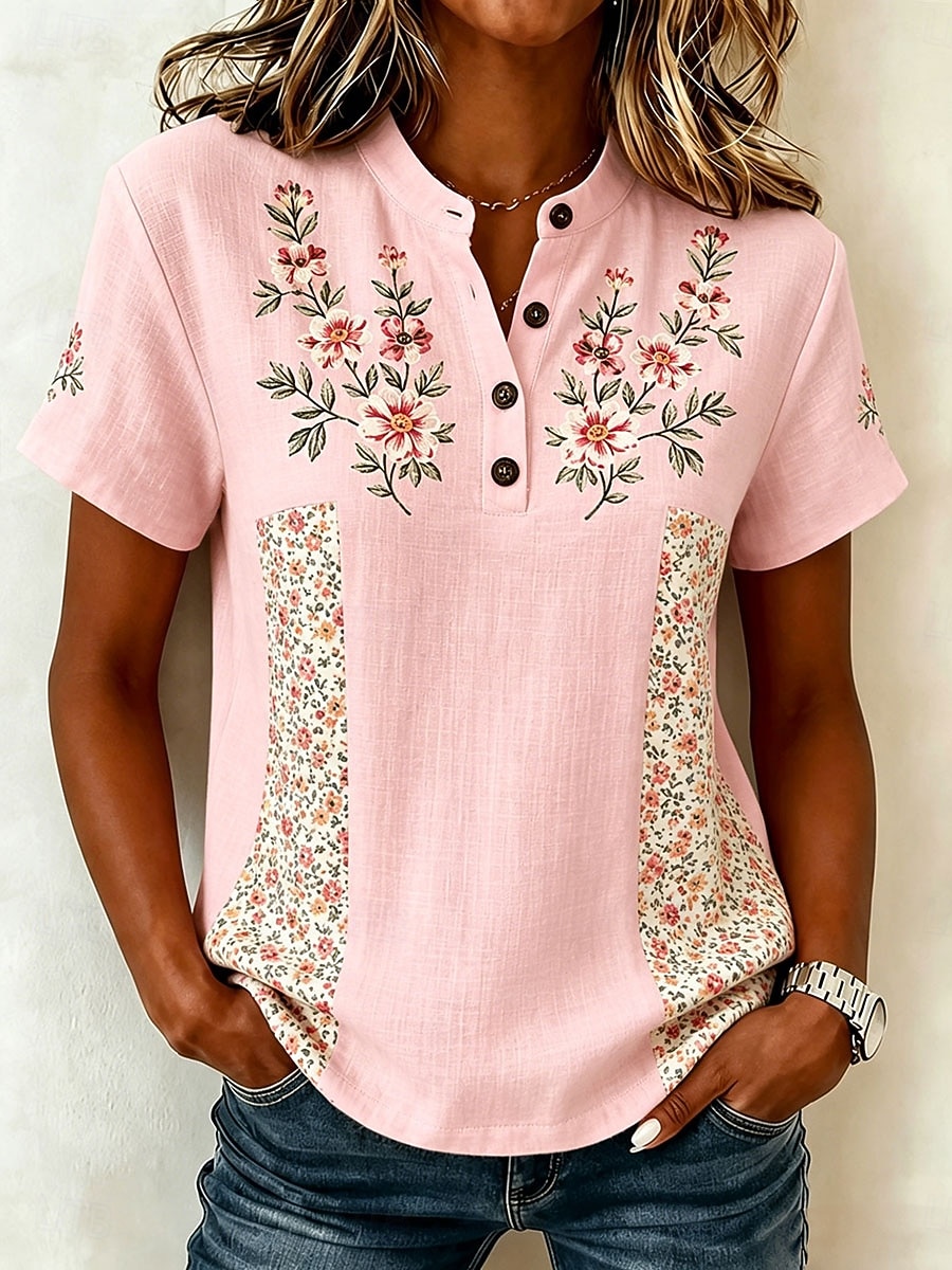 Mujer Camisa Botones Estampado Floral Graphic Vintage Elegante Manga Corta Escote en Pico Tops regulares Casual Diario Festivos Blanco Amarillo Rosa Verano Primavera 2026 - $32.99 –P1