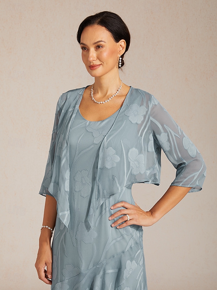 Mulheres encolhe os ombros Renda Ilusão Floral Elegante à moda Manga 3/4 Gola Redonda Tops regulares Diário Convidado do casamento Roupas de férias Cinza celeste Verão Primavera Outono de 2026 por $49.99 –P3