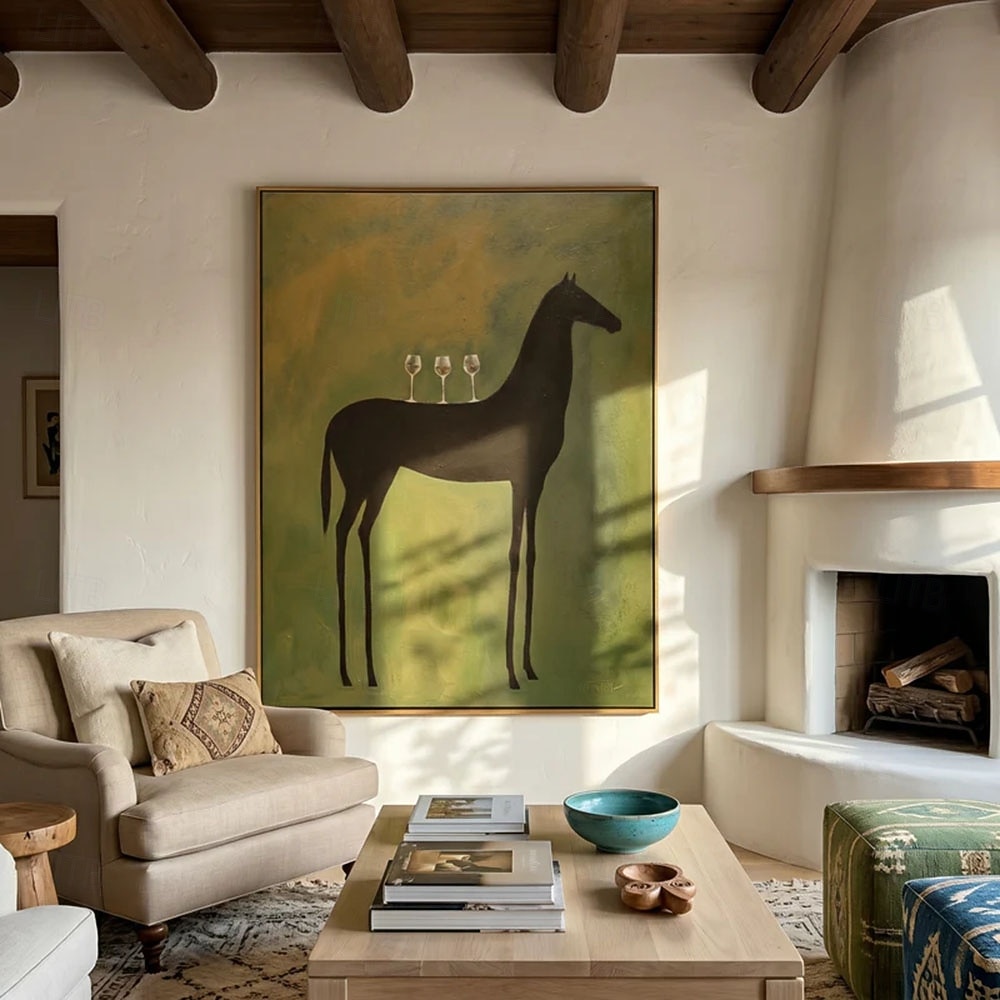 Hand painted Modern Abstract Animal paintings Horse Art Original Surreal Horse Painting with Martini Glasses Olive Green Minimalist Black Animal Wall Art 2026 - $118.99 –P3