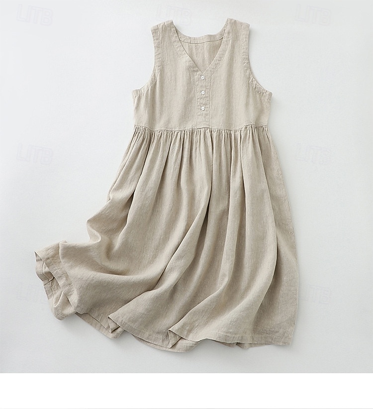 نسائي فستان ميدي 100% Cotton عتيق مناسب للبس اليومي فضفاض صالح سهل بدون كم V رقبة هيذر أخضر عسكري الصيف الربيع 2026 - $18.49 –P2