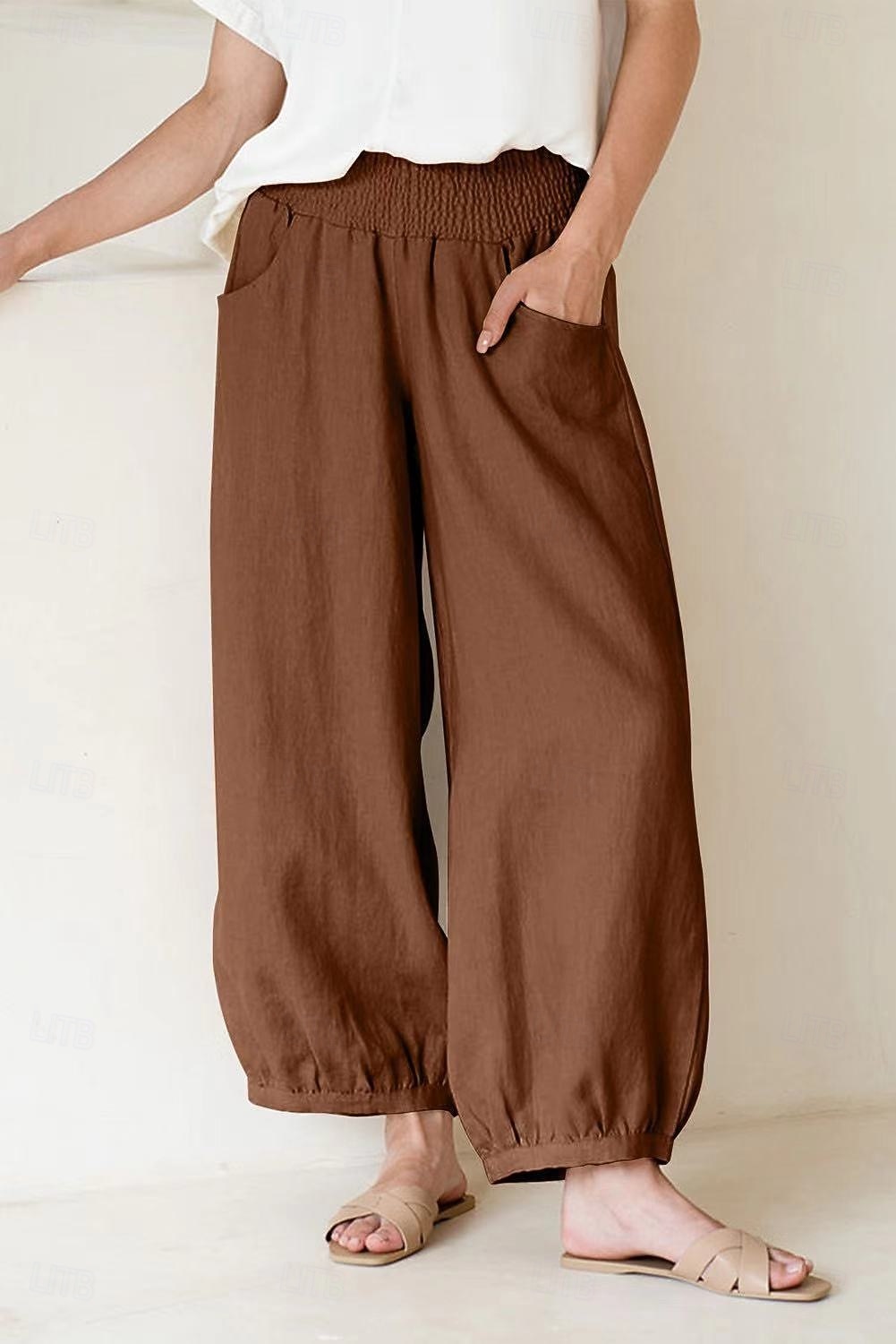 Women's Wide Leg Cropped Pants Fashion Casual Ankle-Length Medium Waist Solid Color Pocket Comfort Casual Vacation Dark Brown Khaki Black Summer Spring Loose Fit 2026 - $24.99 –P6