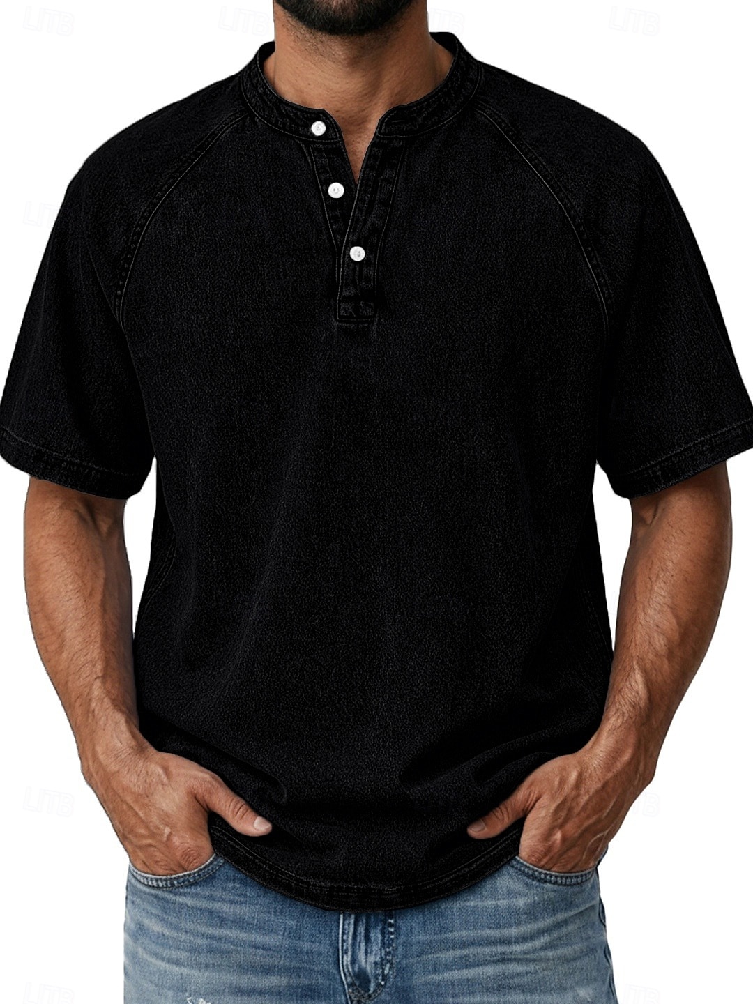 SoftFade™ Herren T-Shirt Denim Shirt 100% Baumwolle Acid Wash Shirt Henley Oberteil Kurzärmelig Einfach Vintage Streetwear Gewaschen Raglanärmel Stehkragen Lässig Zuhause Straße Frühling Herbst 2026 - $31.99 –P15