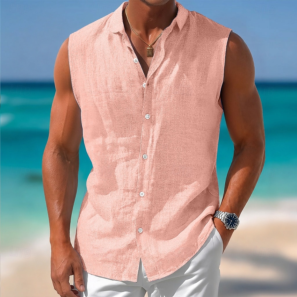 Men Shirt Linen Shirt Summer Shirt Beach Wear Button Up Shirt Plain Casual Daily White Pink Light Blue Sleeveless Collar Summer Spring Clothing Apparel 2026 - $21.99 –P5