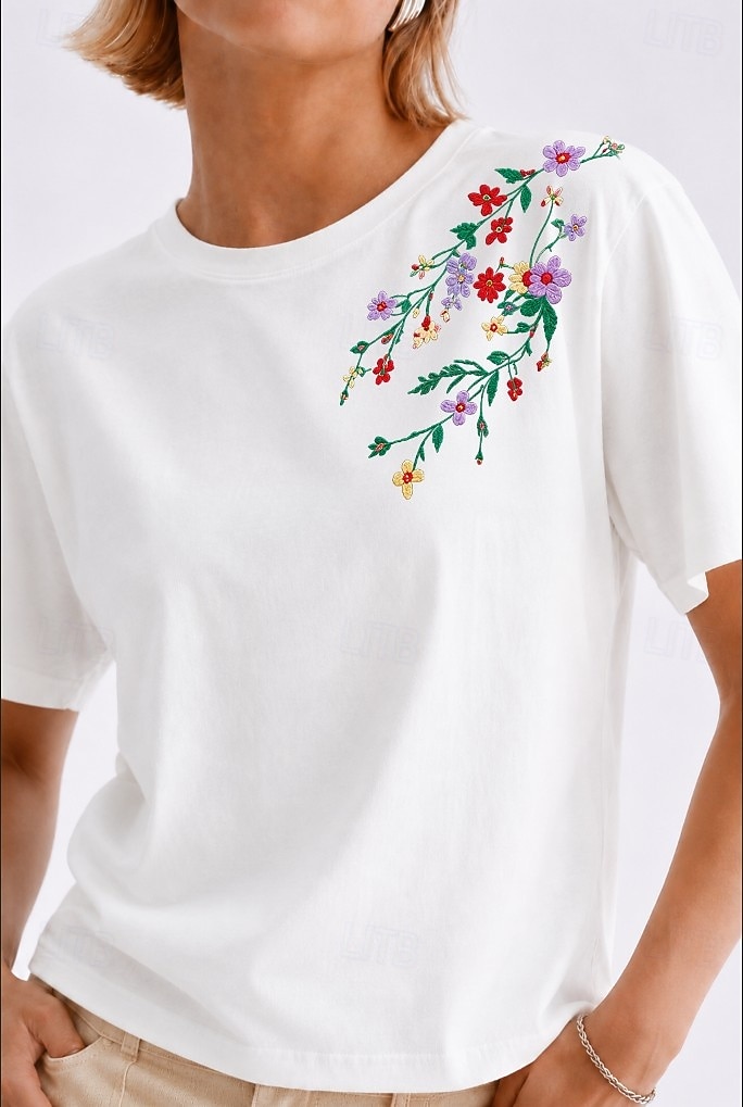T-shirt floral brodé 100 % coton pour femmes T-shirt d'été élégants vintage tropicaux à manches courtes col rond haut régulier décontracté quotidien plage blanc été printemps automne hiver de 2026 ? $28.99 –P1