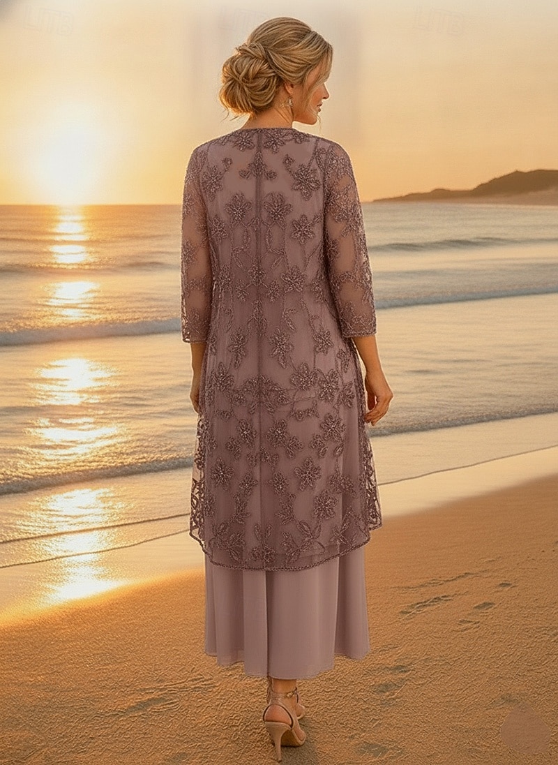 Due Pezzi Linea ad A Lunghezza alla caviglia Abito da cerimonia per signora Manica 3/4 Mezza Manica Scollo Tondo Elegante Semplice Lussuoso Formale Ospite di nozze Chiffon Pizzo Abiti con Giacca con del 2026 a $171.99 –P3