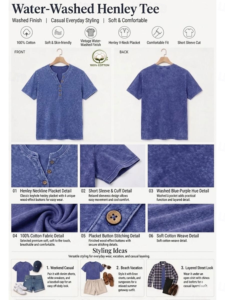 Tricou Henley vintage pentru femei softfade™, 100% bumbac - topuri simple cu mânecă scurtă, spălate moale 2026 - $28.99 –P3