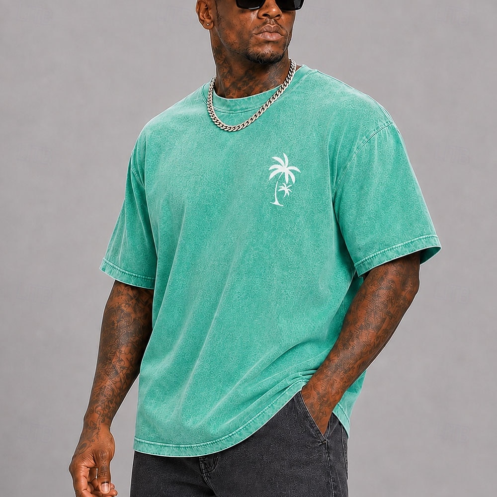 Tricou bărbătesc cu imprimeu hawaian din frunze de palmier și nucă de cocos, 100% bumbac, spălat acid, gros, tricou cu mânecă scurtă, guler rotund, stil DTG, îmbrăcăminte la modă, stil zilnic, 2026 - $27.99 –P3