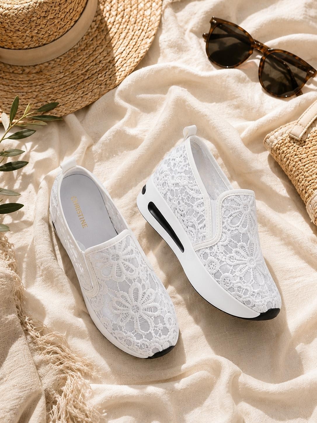 Beige Slip-On-Plateau-Sneaker aus Spitzennetz für Damen mit Luftpolstersohle – stylische und bequeme Freizeitschuhe für den Alltag 2026 - $26.99 –P1