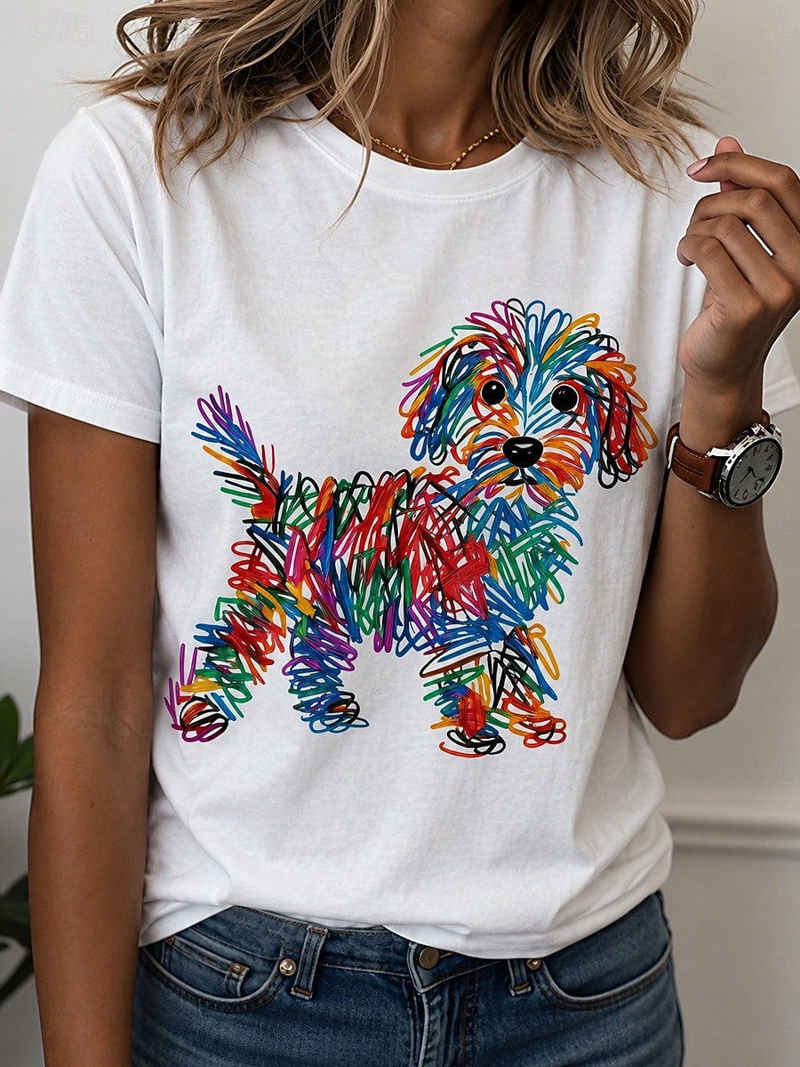 2026年 女性用 Tシャツ プリント グラフィック 動物 犬 スタイリッシュ クラシック カジュアル 半袖 クルーネック レギュラートップス カジュアル 日常 ブルー イエロー レインボー 夏 春  コレクション – $7.99 –P1