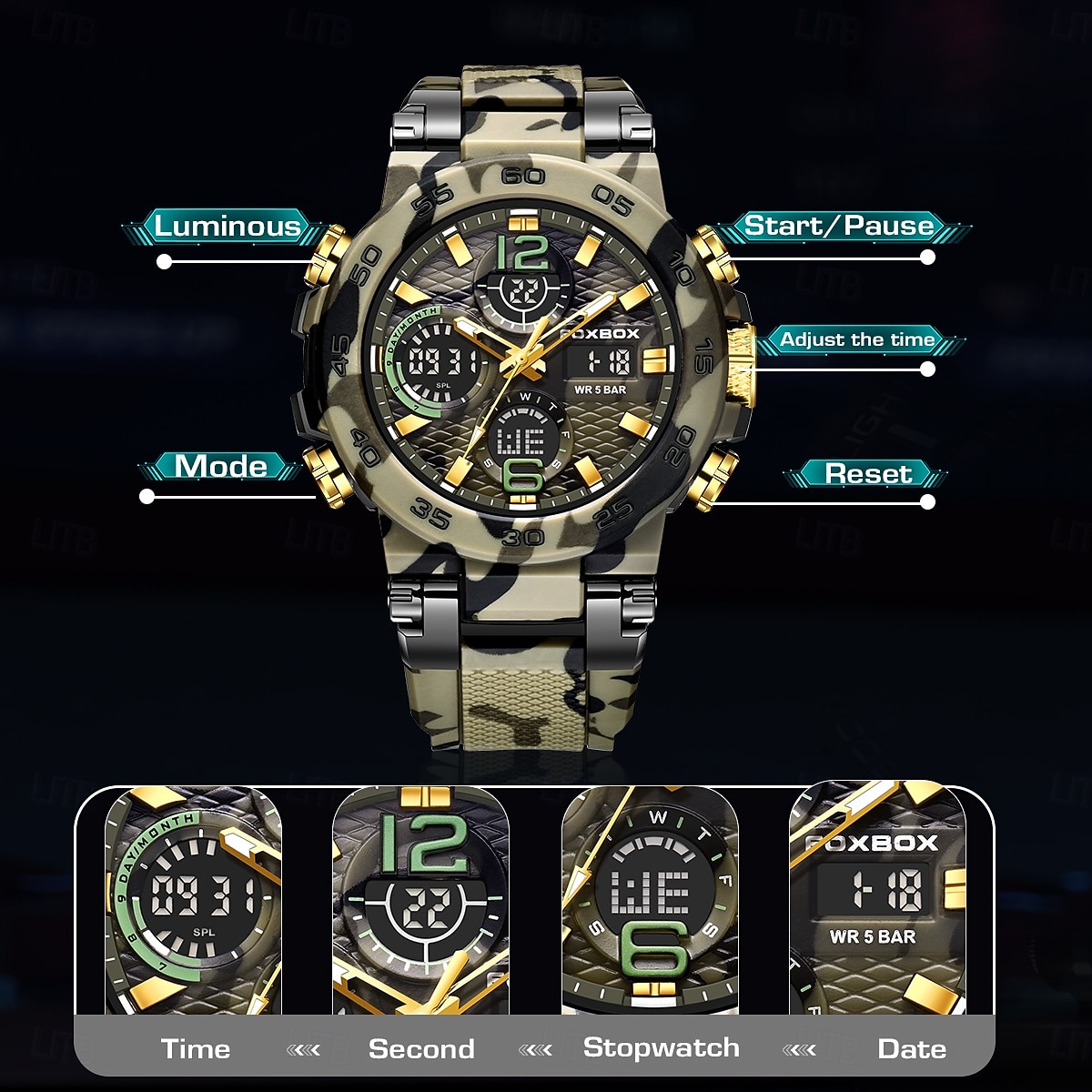 Foxbox heren militair sporthorloge, camouflage tactisch 50m waterdicht analoog digitaal horloge met dubbele display, quartz uurwerk, alarm, chronograaf en datumweergave, robuust outdoor polshorloge 2026 - $33.99 –P5