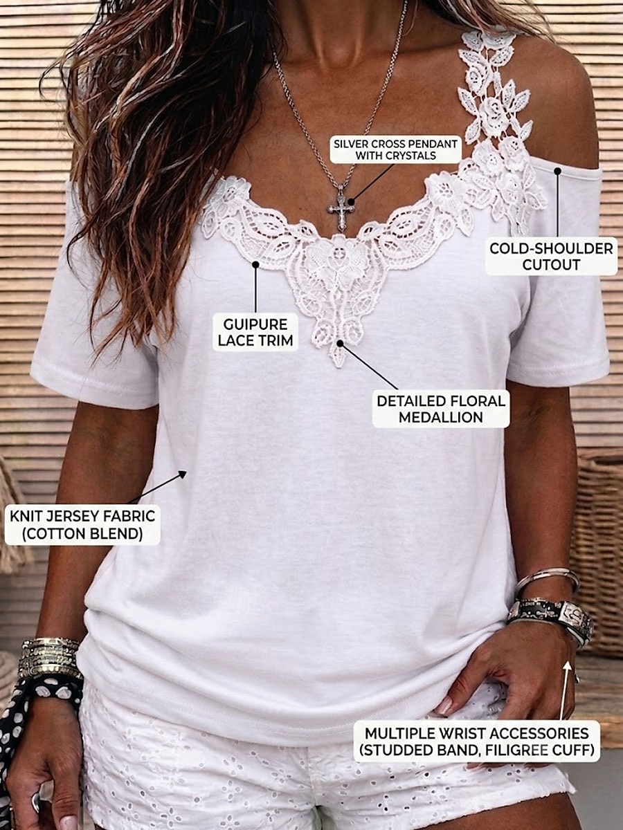 Mulheres Tops de renda Patchwork Tecido Vintage à moda Sensual Manga Curta Decote V Tops regulares Casual Diário Para Noite Branco Preto Rosa Azul Céu Outono Inverno de 2026 por $17.99 –P2