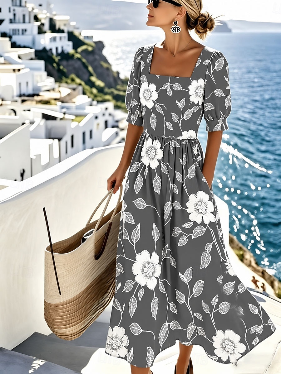 Femmes Robe Midi Robe Décontractée Robe trapèze Élégant Vacances Plage Fête Coupe régulière Fleuri Graphique Manche Courte Col carré Bleu Blanche Gris Été Printemps de 2026 ? $49.99 –P3