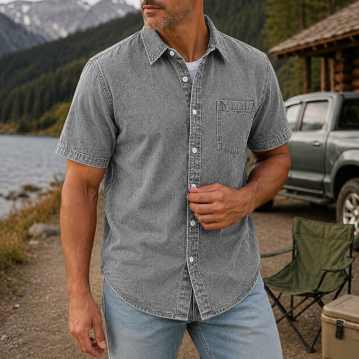 SoftFade™ Men Shirt Casual Shirt Demin Shirt Acid Wash Shirt Garment Dyed Black Light Green Burgundy Navy Blue Purple Short Sleeve Plain Shirt Collar Casual Daily Button-Down Clothing 2026 - $31.99 –P13