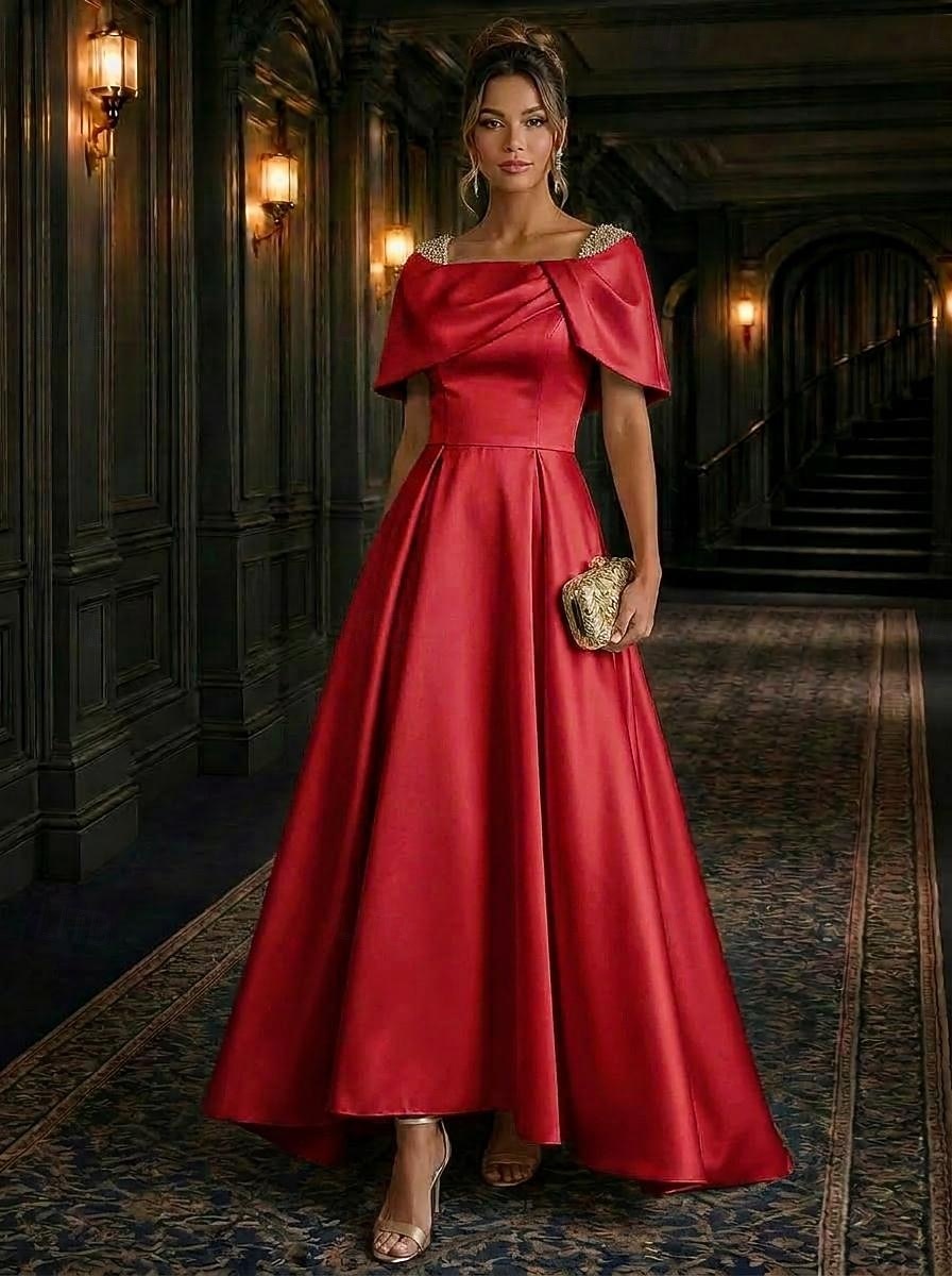 A-Line Asymmetrical Evening Gown Elegant Glittering Mother Of The Bride Short Sleeve Square Neck Wedding Formal Satin Cowl Back with Pleats Crystals Beading 2026 - $148.99 –P3