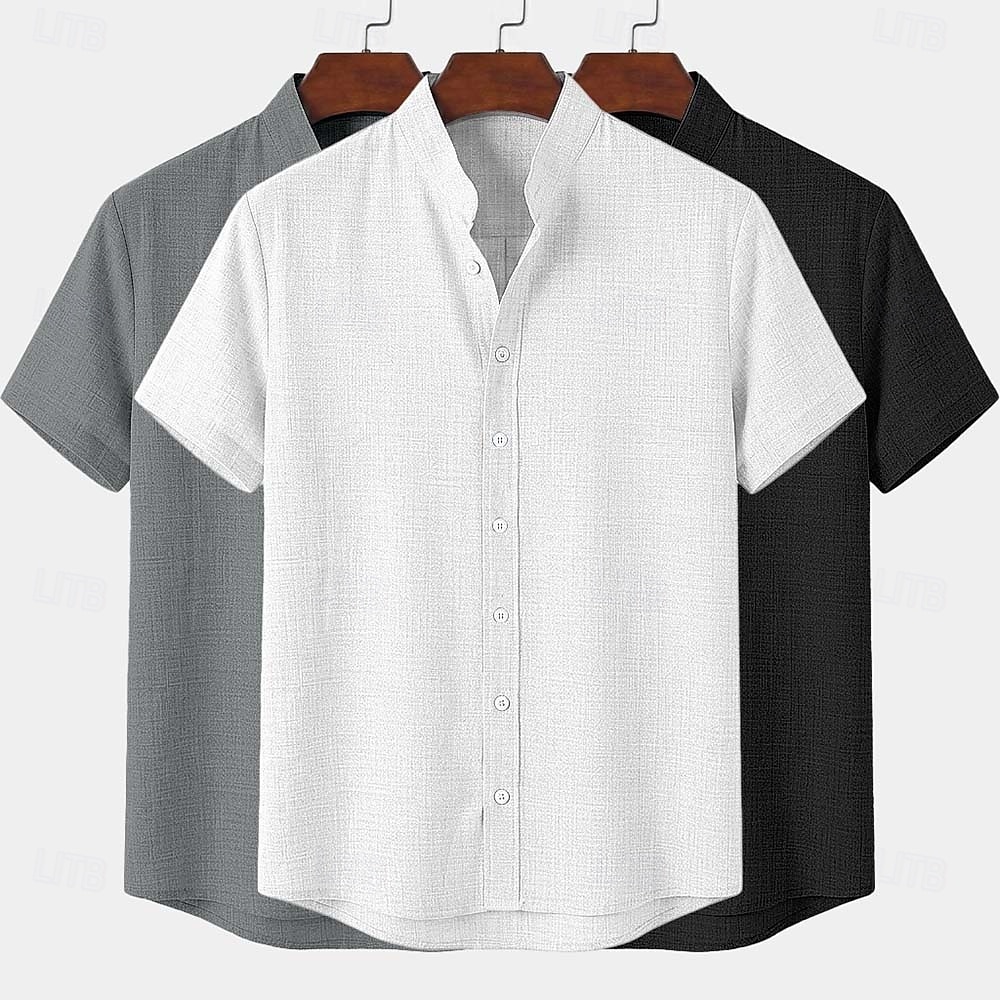 Men Shirt Linen Shirt Summer Shirt Band Collar Shirt Button Up Shirt Plain Casual Daily Black+White+Gray Black+Blue+Gray White+Gray+Blue Orange+Gray+Black Short Sleeve Stand Collar Summer Clothing 2026 - $45.99 –P8