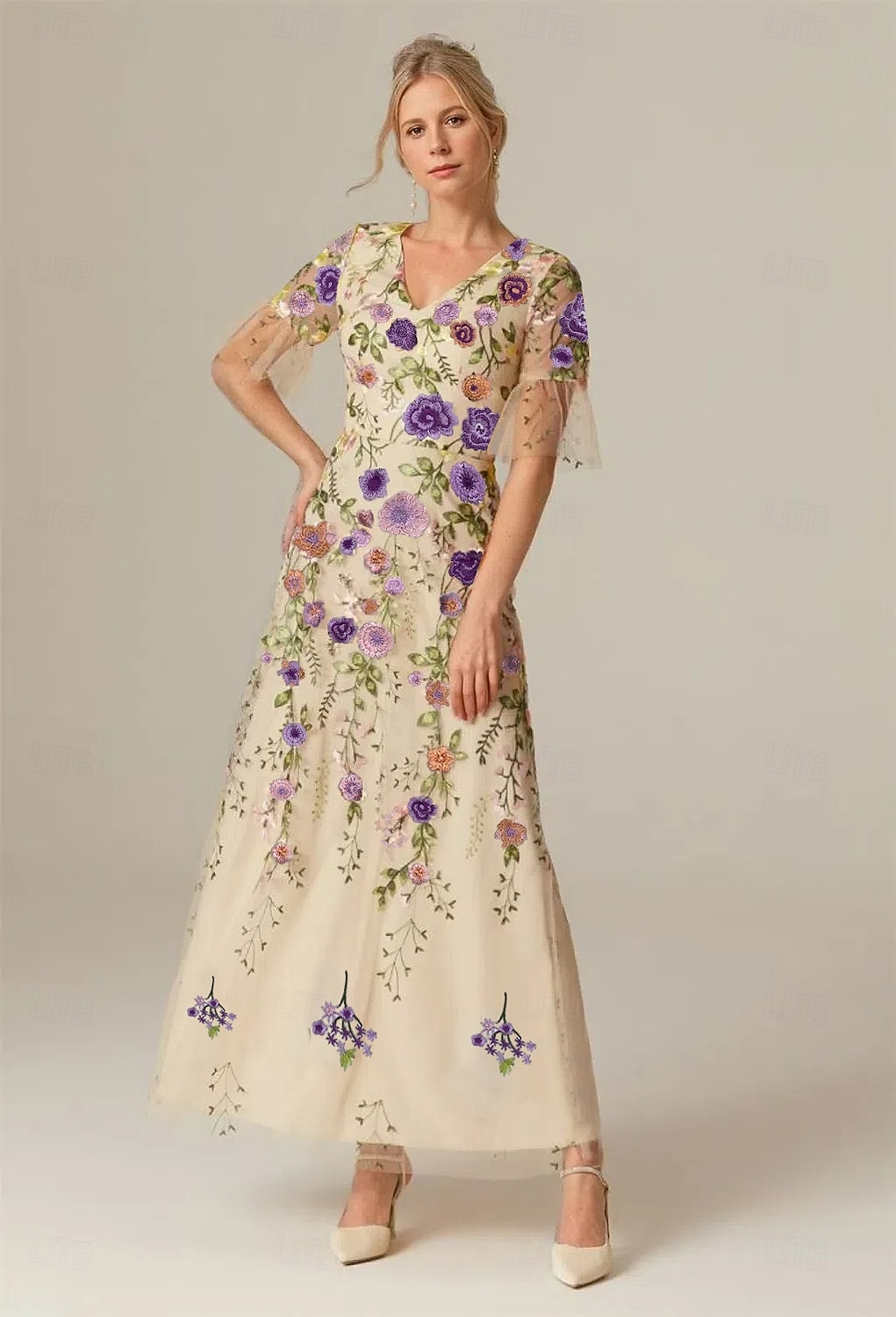 A-Line Dress Ankle Length Party Dress Cocktail Dress Wedding Guest Dress Mother of the Bride Dress Short Sleeve V Neck Elegant Vintage Formal Tulle with Embroidery Appliques Flower 2026 - $195.99 –P10