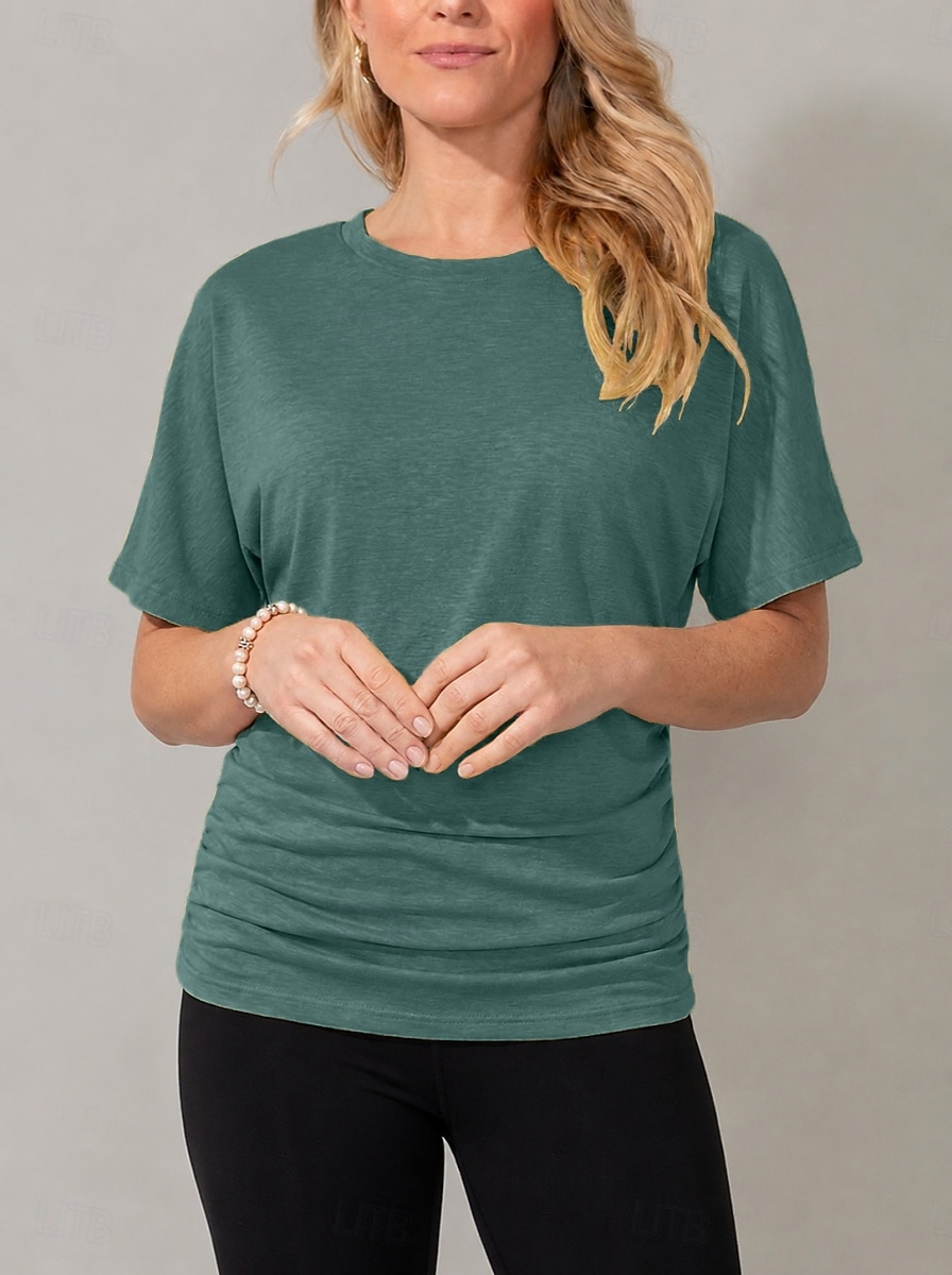 Women's T Shirt Tee Top Ruched Plain Stylish Short Sleeve Batwing Sleeve Crew Neck Regular Tops Casual Daily Going out Black Yellow Pink Purple Green Summer Spring 2026 - $18.49 –P4