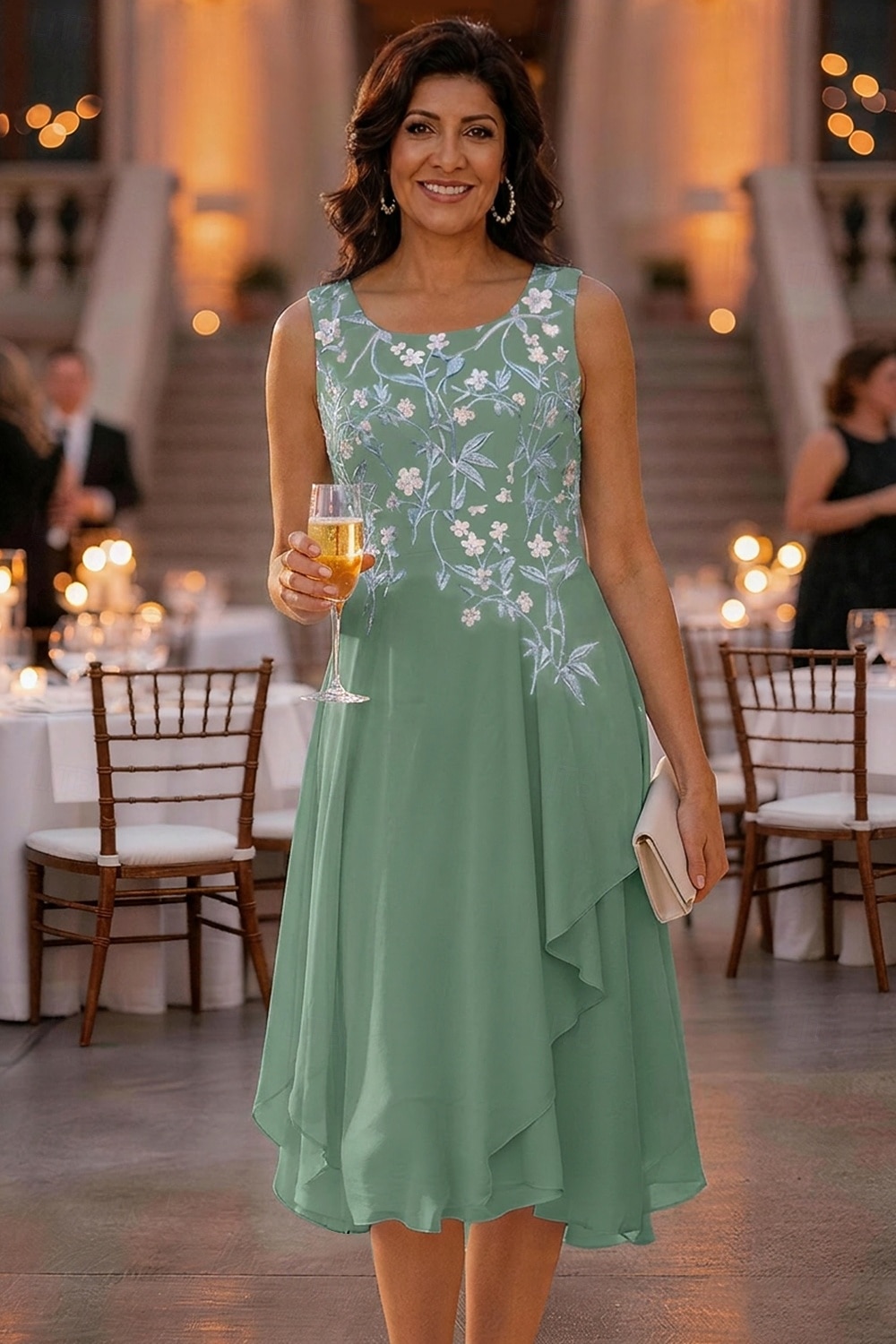 Două Piese Linia -A Asimetric Lungime Genunchi Rochie Mama Miresei Manșon Jumate Scoateți gâtul Elegant Simplu Casual Oficial Invitat la nunta Concediu Șifon Șal Inclus cu Imprimeu Floral Pliuri 2026 - $81.99 –P4