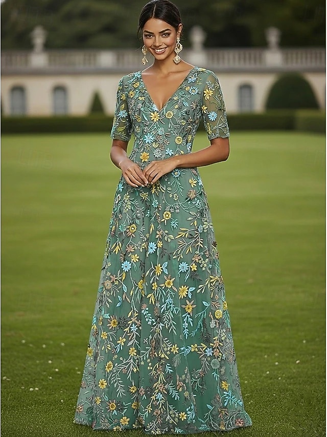 Corte A Vestidos Hasta el Suelo Vestido de Fiesta Vestido Cóctel Vestido de Madrina Media Manga Escote Elegante Vintage Lujoso Formal Invitado a la boda El derby de Kentucky Tul con Estampado flor 2026 - $182.99 –P8