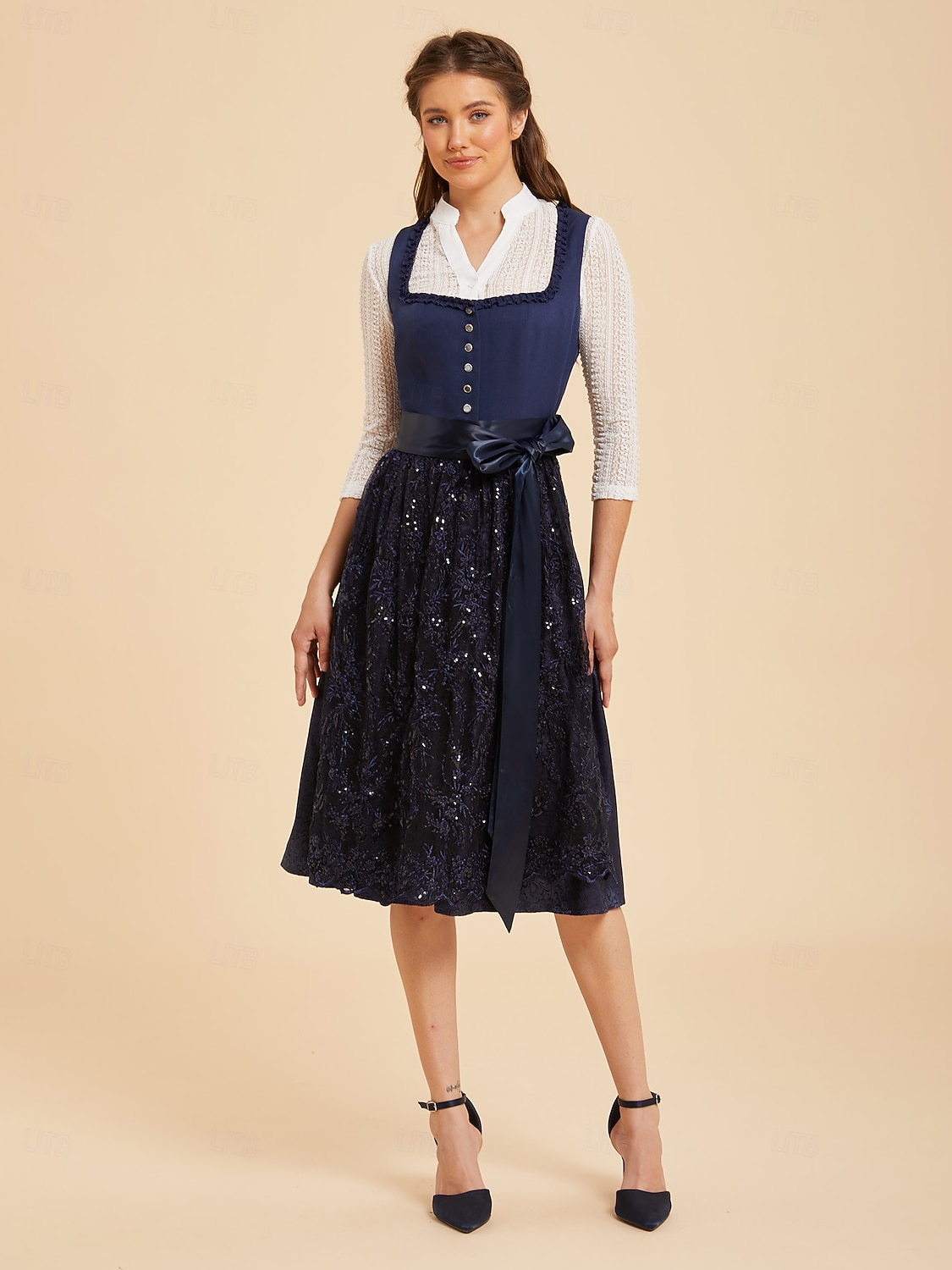 Oktoberfest Dirndl Dress Midi Length Sequins Embroidered with Pockets Balconette Neckline Maid Bavarian German Alpine Wiesn Women's Carnival Beer Festival Traditional Style Cloth Without Blouse (70CM) 2026 - $110.99 –P3