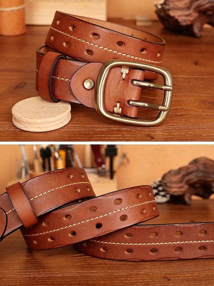Męski pasek ze skóry licowej, regulowany pasek casualowy w stylu vintage z podwójną klamrą w kolorze brązowo-czarnym, klasyczny pasek do jeansów na co dzień, w podróż i do pracy 2026 - $34.99 –P6