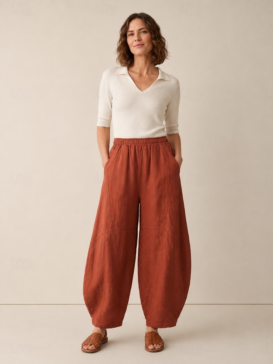 Pantalones bombachos de lino para mujer, cintura media, largo completo, bolsillo, cintura elástica, vacaciones, azul arroz 2026 - $49.99 –P2