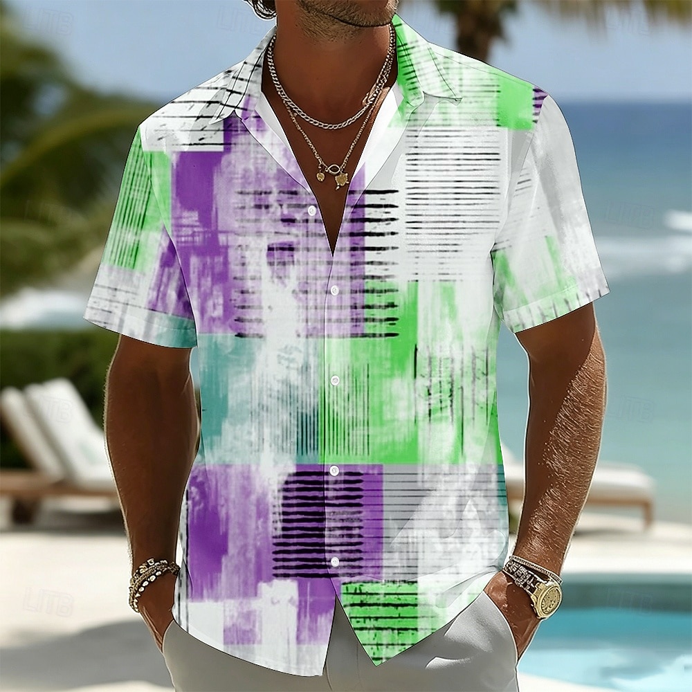 Bărbați Geometric Artă abstractă Blocarea culorilor Cămașă Camașă cu nasturi Manșon scurt Moda Casual Zilnic Vacanta la plaja Vară Primăvară Răsfrânt Imprimare 3D Cămașă de in Albastru piscină Mov 2026 - $25.99 –P3