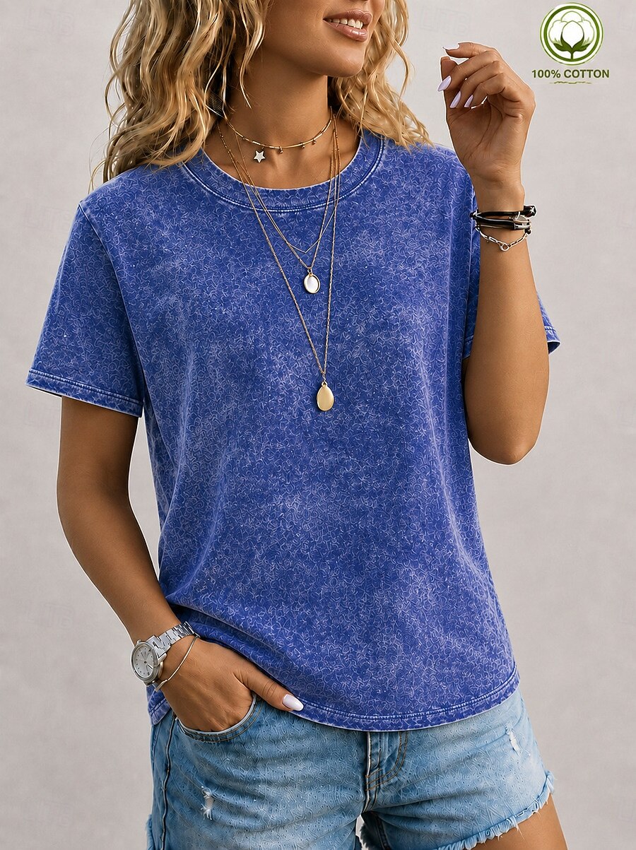 softfade™ dames T-shirt van 100% katoen, vintage gewassen model, korte mouwen, ronde hals, lange mouwen, casual, blauw, zwart, lichtgroen 2026 - $31.99 –P5