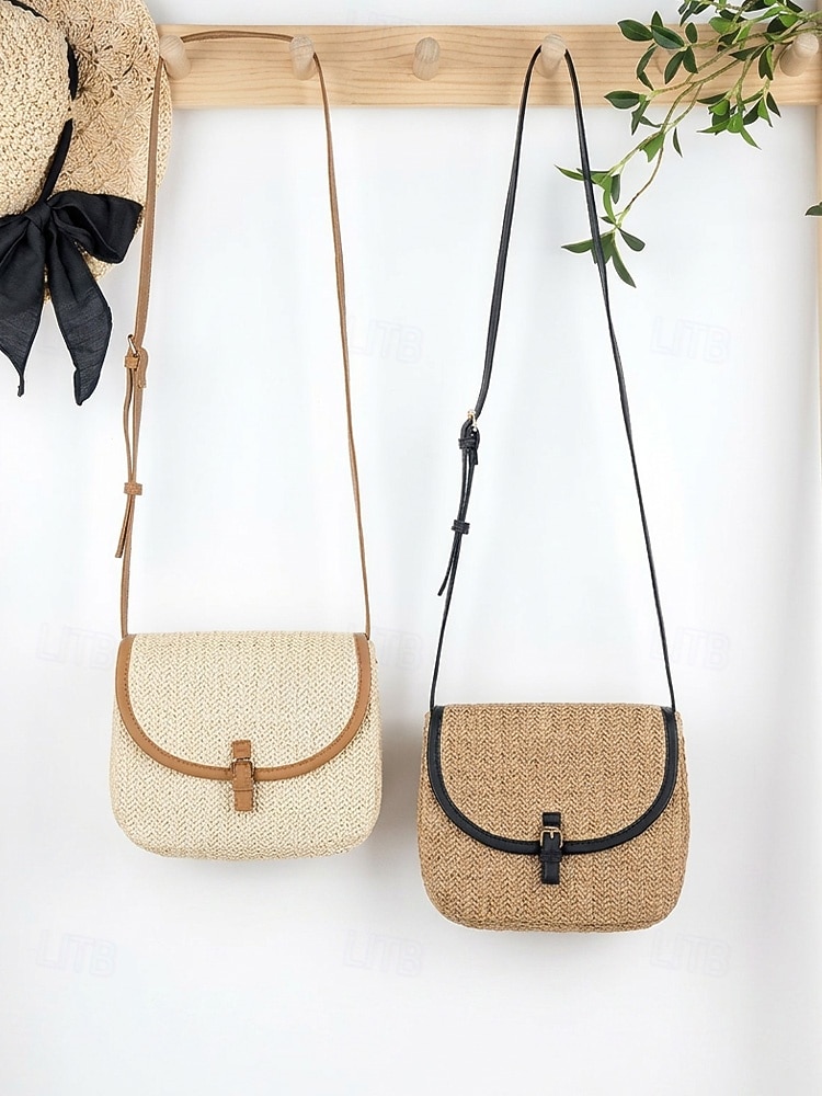 Geantă crossbody boemă pentru femei din paie, geantă de umăr țesută de vară cu curea de umăr reglabilă în culorile fildeș și kaki, geantă ușoară pentru vacanță, călătorii, brunch și purtare zilnică 2026 - $19.99 –P4