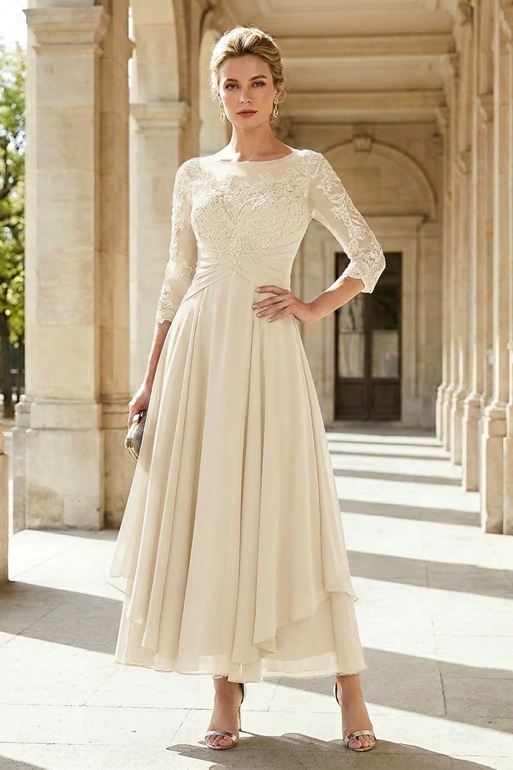 A-Line Ankle Length Party Dress Cocktail Dress Wedding Guest Dress Mother of the Bride Dress 3/4 Length Sleeve Jewel Neck Elegant Plus Size Wedding Guest Wedding Party Chiffon Lace with Ruched Sequin 2026 - $195.99 –P12