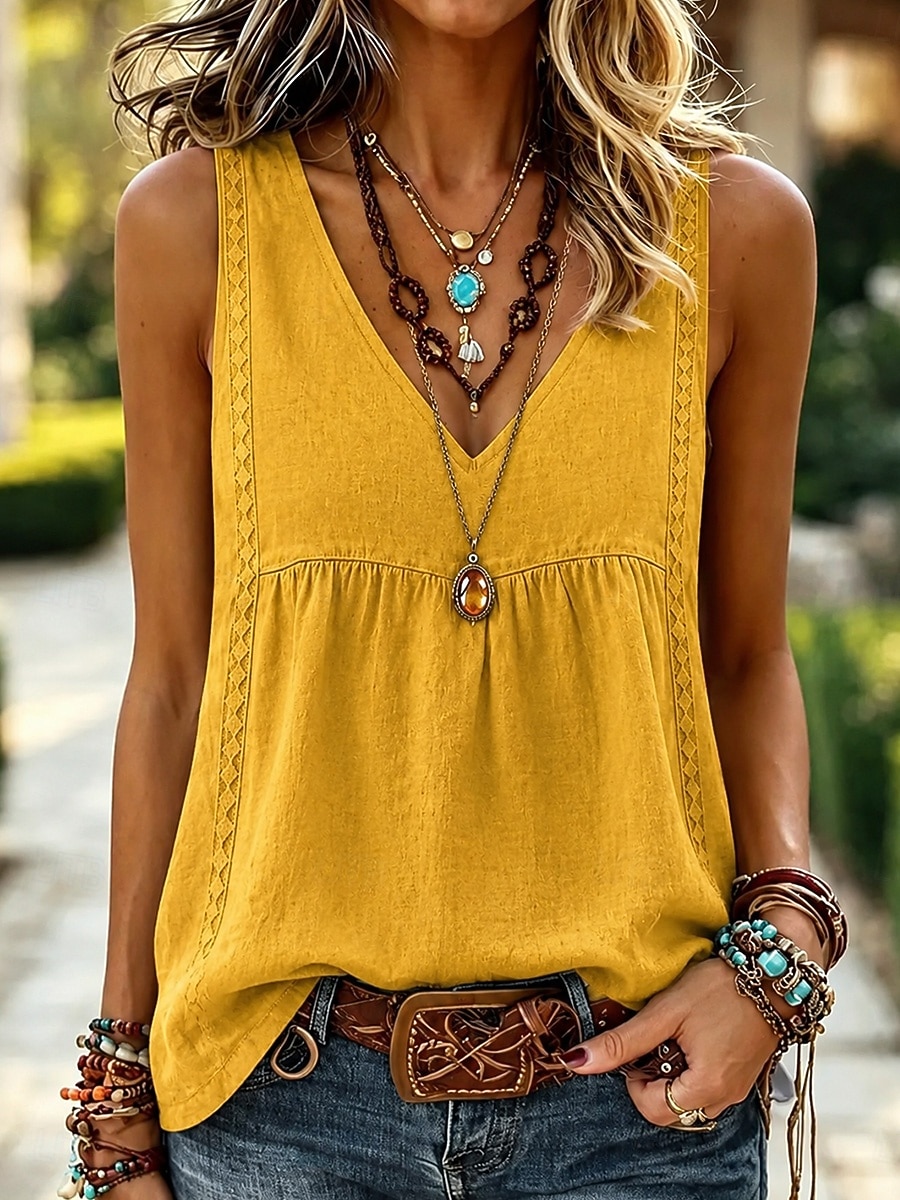 Mujer Camisa Camisas de algodón y lino Color sólido Plano Bohemia Vintage Moda Sin Mangas Escote en Pico Tops largos Casual Amarillo Rosa Verano Primavera 2026 - $24.99 –P1