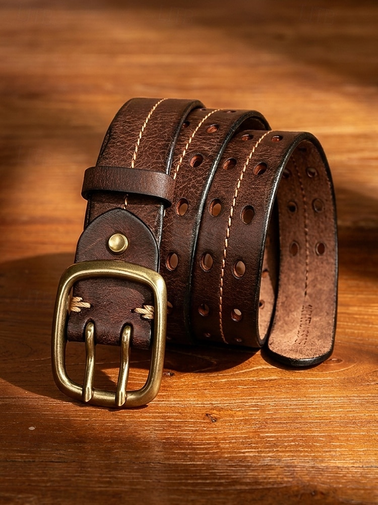 Męski pasek ze skóry licowej, regulowany pasek casualowy w stylu vintage z podwójną klamrą w kolorze brązowo-czarnym, klasyczny pasek do jeansów na co dzień, w podróż i do pracy 2026 - $34.99 –P4