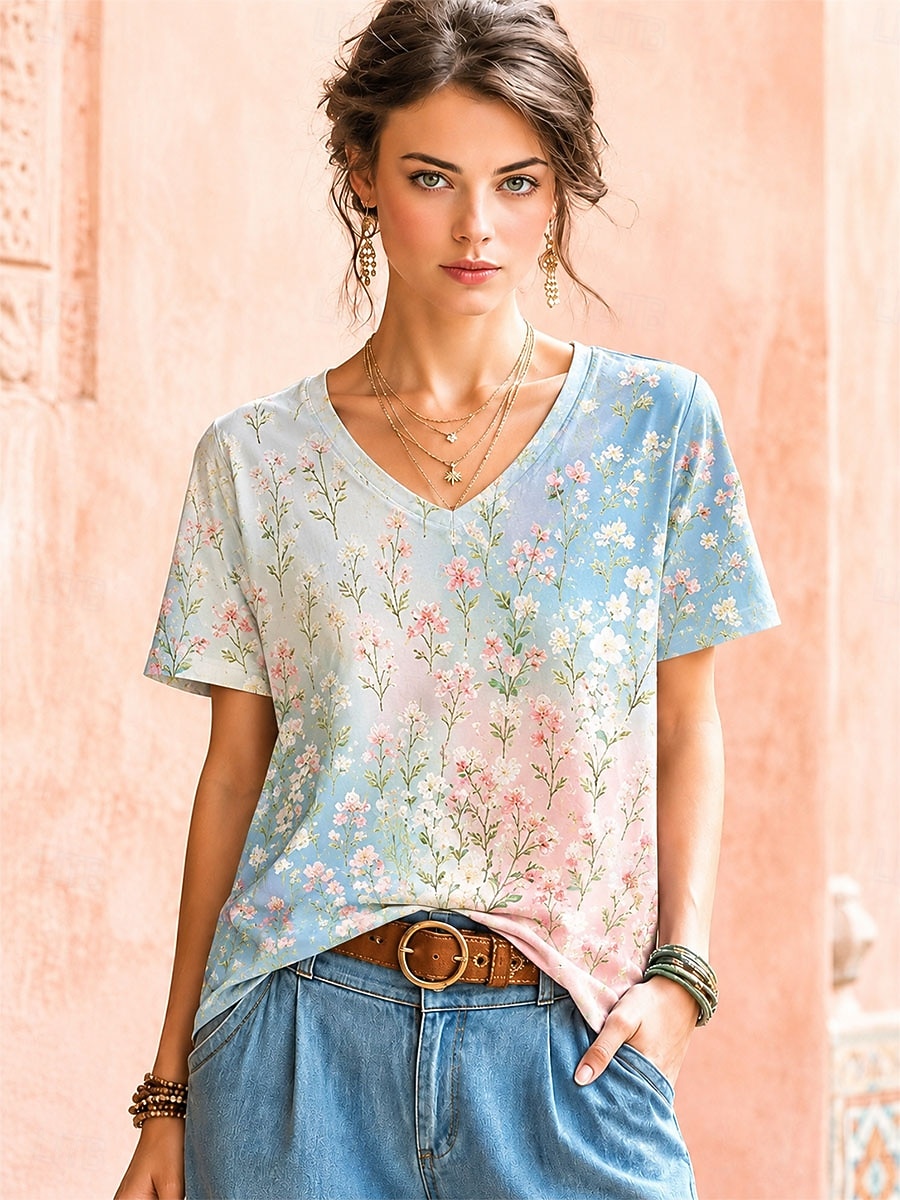 Per donna Maglietta bohémien Top estivi Floreale Grafico Piante Elegante Bohemien Vintage Manica Corta Scollo a V Top Regolari Casuale Quotidiano Sportivo Blu Bianco / Rosa Albicocca rosa Estate del 2026 a $21.99 –P5